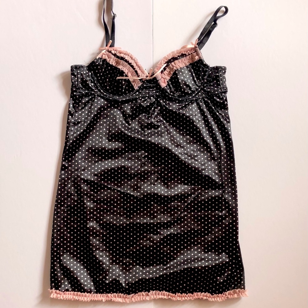 Polka dot sleeveless top, pink lace detail,
